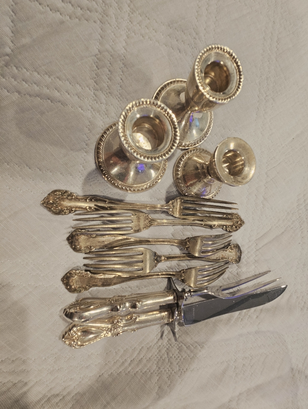 Antique-Sterling Flatware & 3-Arm Candlestick Set: 5 forks, 1 knife, 1 large for